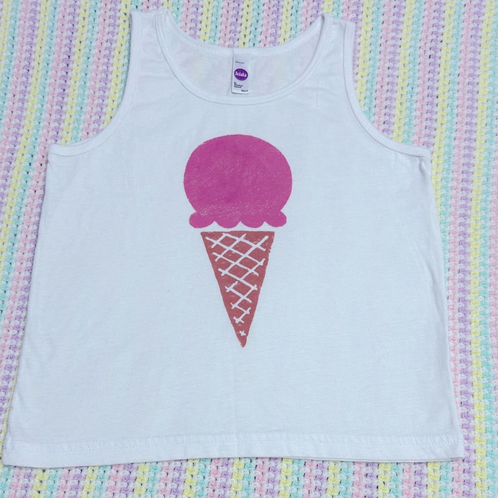 American Apparel Ice Cream Print Kids White & Pink Summer Tank Top Girls Size 6!